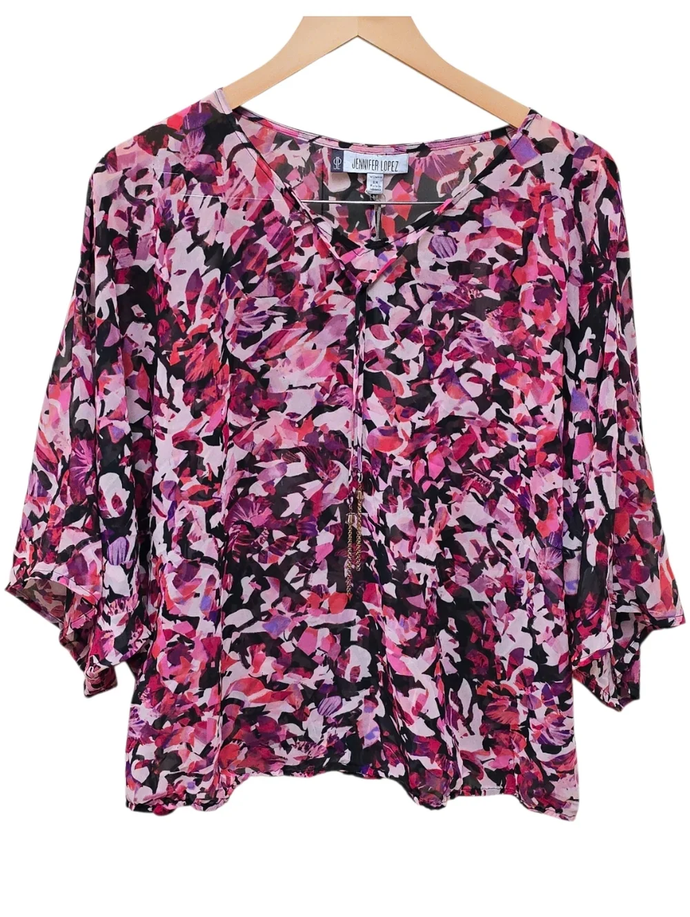 NWT Jennifer Lopez JLO Abstract Floral Sheer Blouse 0X Top Boho Flowy Sleeves - Picture 1 of 8